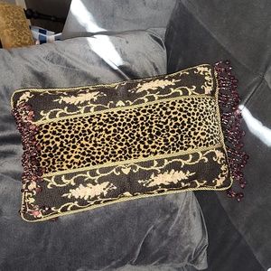Velor and Needlepoint Leopard Floral Beaded Tassel Lumbar Pillow